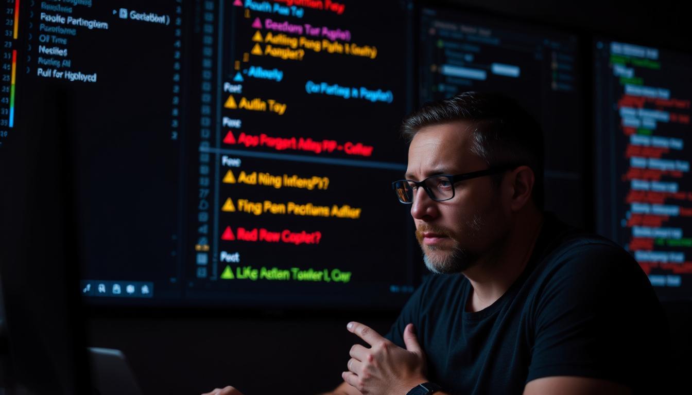 A developer scratching their head while reviewing multiple backend layers with warning signs or alerts, abstract lines and connections in the background