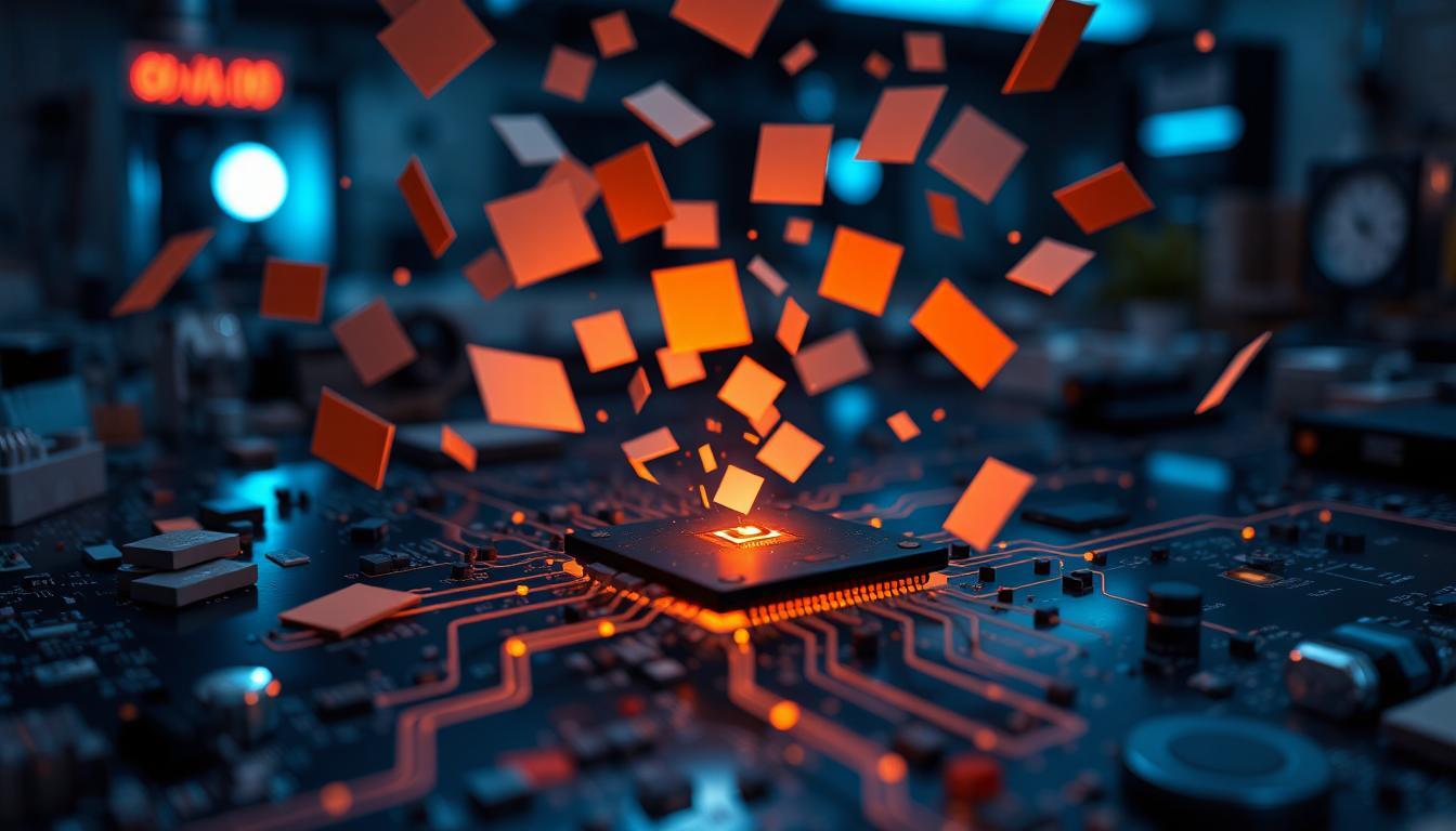 Futuristic AI chip connected to scattered sticky-note-like data fragments floating in air, visualizing incomplete memory