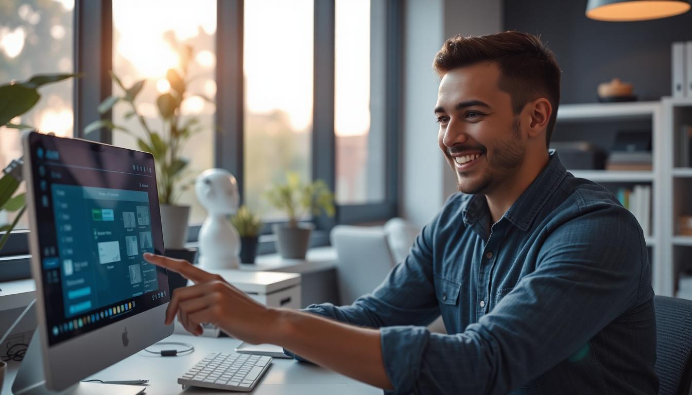 Developer smiling slightly while interacting with a clean AI interface showing memory and flow tools, bright environment