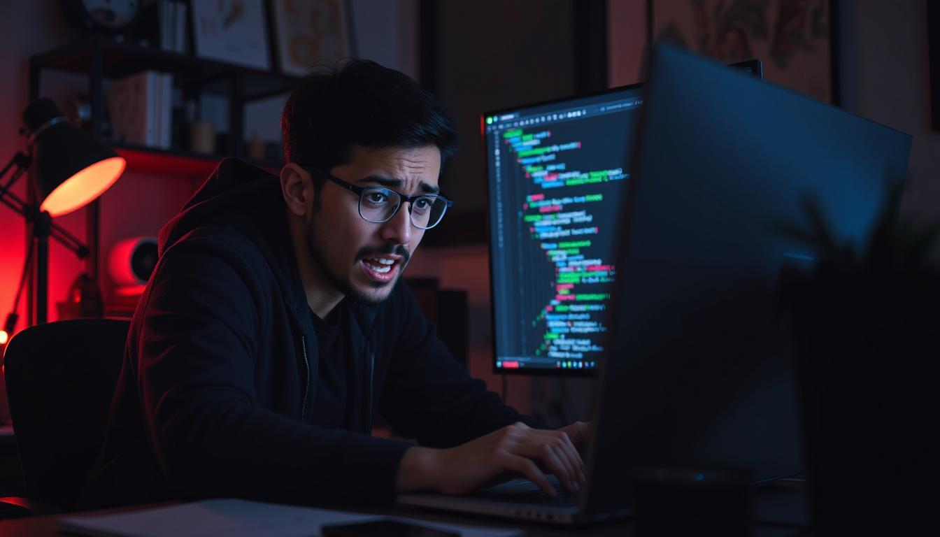 A frustrated developer surrounded by code