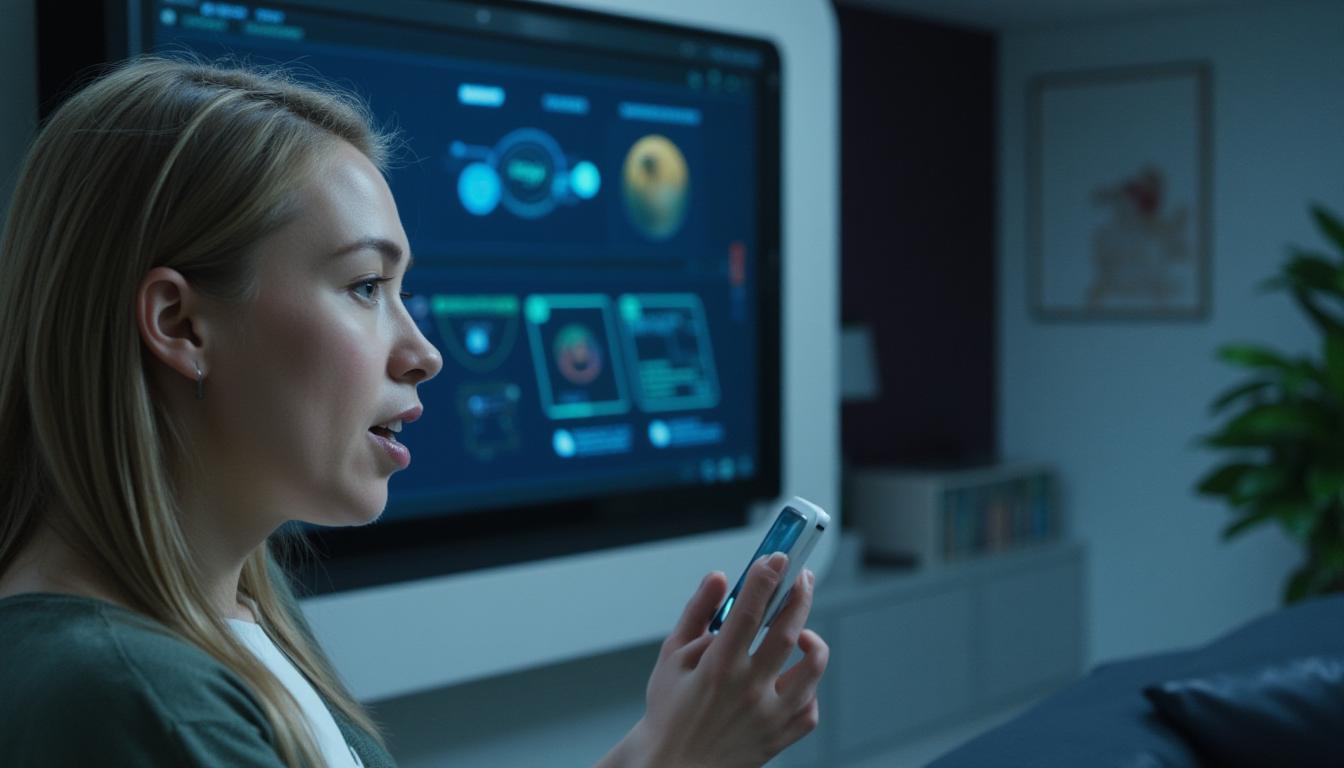 A person speaking to a smart device while a web app interface glows into view on a nearby screen
