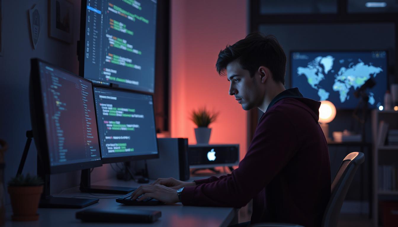 Young developer coding in a sleek, modern workspace