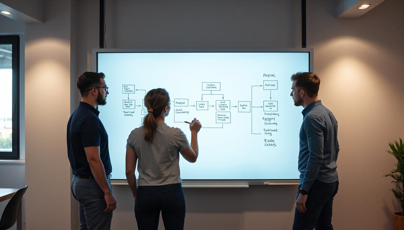 Team of developers standing around a digital whiteboard mapping out workflow logic and edge cases