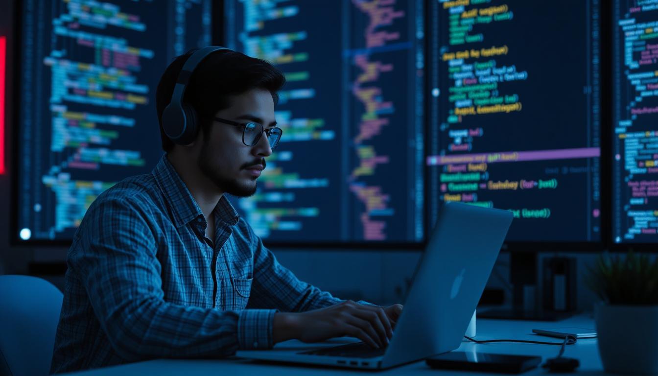 Developer speaking natural language into a laptop while real-time code appears on screen, holographic-style API routes visualizing in background