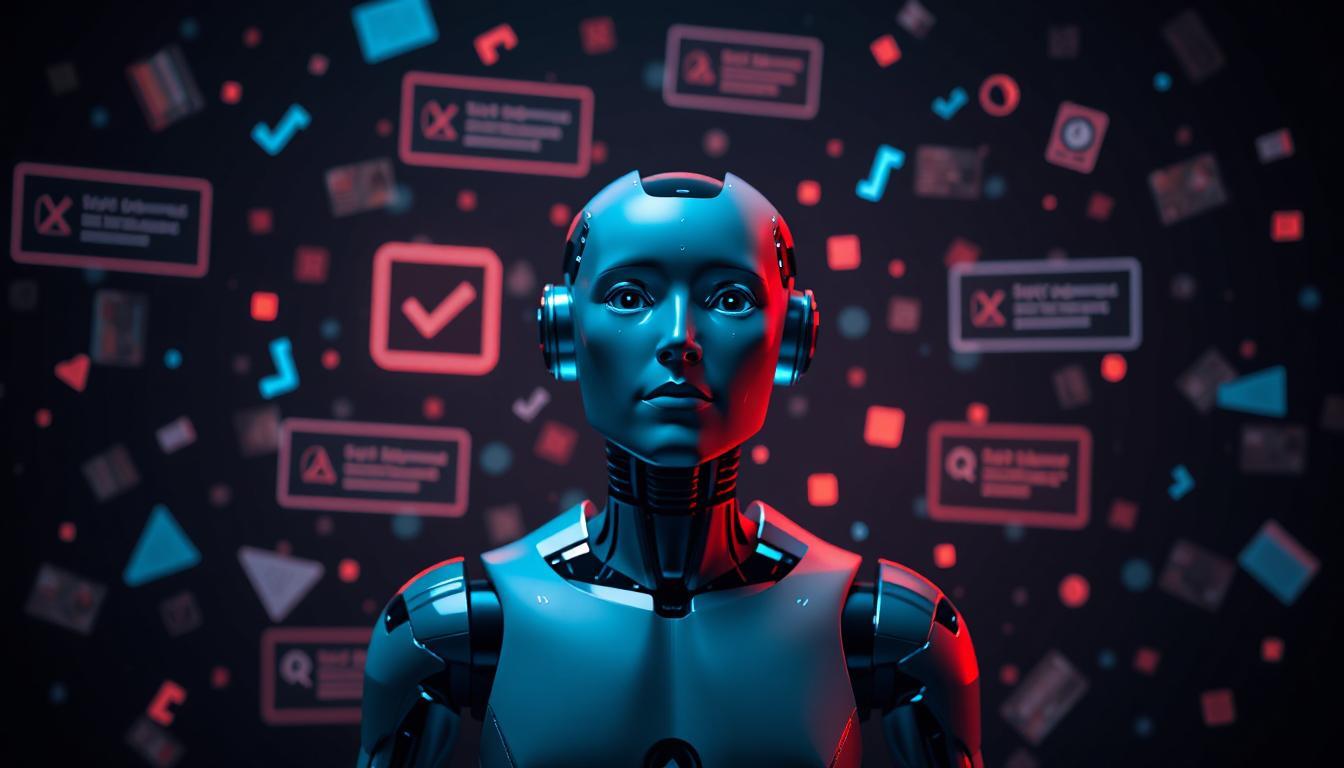 Abstract AI robot surrounded by floating to-do steps with half-completed tasks, visual chaos hinting confusion