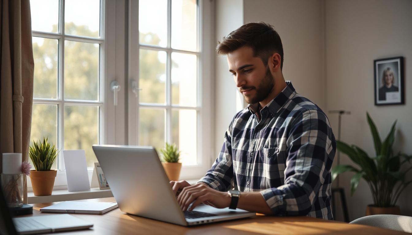 Developer closing their laptop with a relaxed expression, standing near a window with morning light