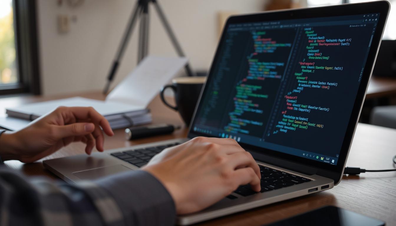 Close-up of hands using a laptop where AI generates clean code blocks without switching tabs, clear desktop