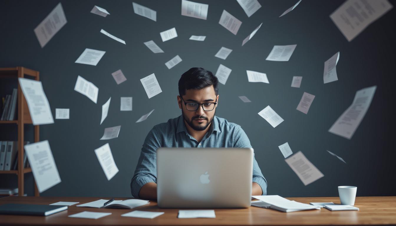 Developer at laptop surrounded by fragmented documents and faded dialog windows floating around, showing loss of information flow