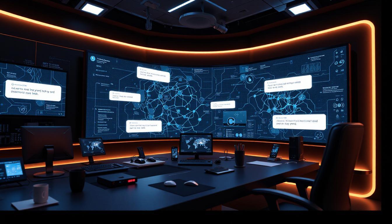 A futuristic command center where prompts are being refined and tested like unit tests