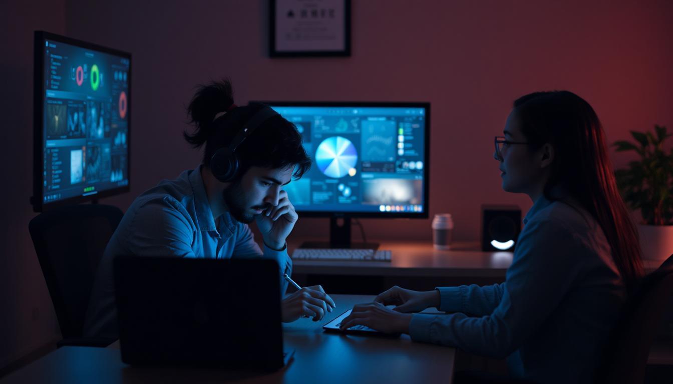 Developer and assistant working side by side in a sleek digital workspace, small focused holographic tools between them