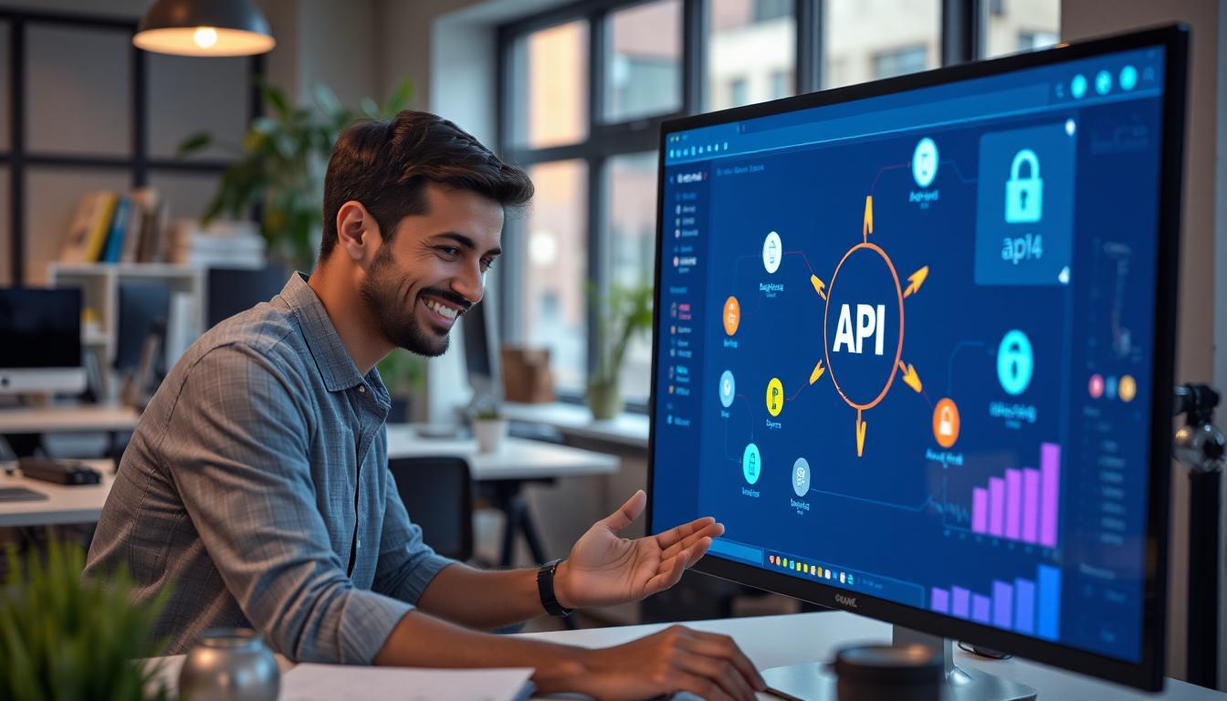 Smiling developer working with a glowing, fast-building API flowchart, surrounded by symbols like lightning bolts, locks, and checkmarks, open modern office
