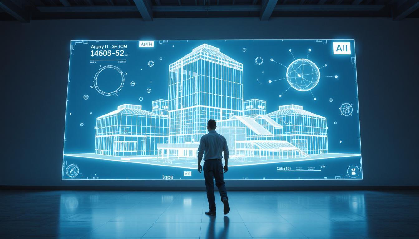 Developer confidently walking away from a large glowing AI-generated architecture model, which hovers in the air behind them like a finished blueprint, clean space