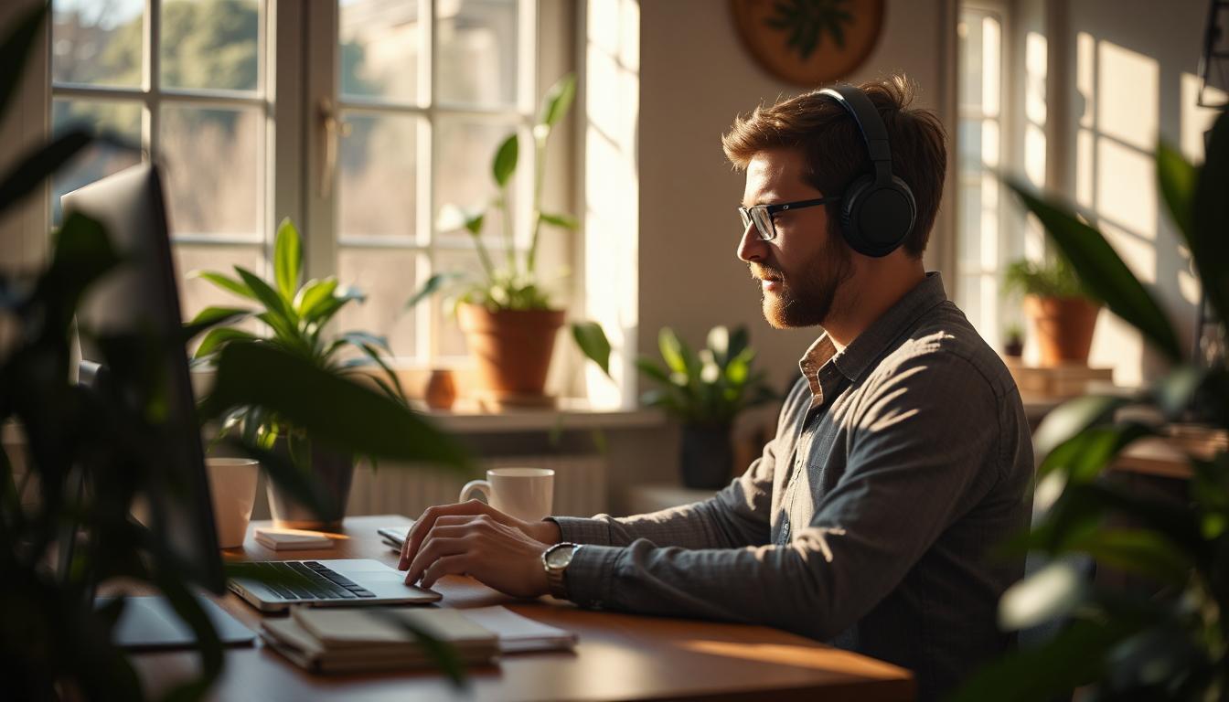 A developer sitting peacefully in a cozy, sunlit room