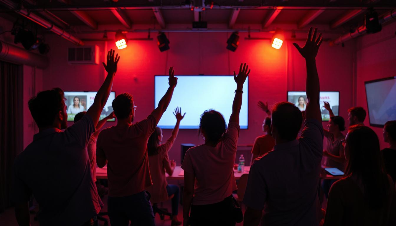 Uplifting scene of creators from different walks of life celebrating in front of glowing screens showing their launched projects