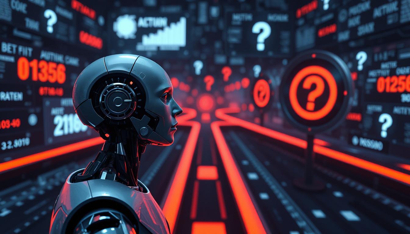 Confused AI robot staring at diverging paths or progress bars with question marks above them