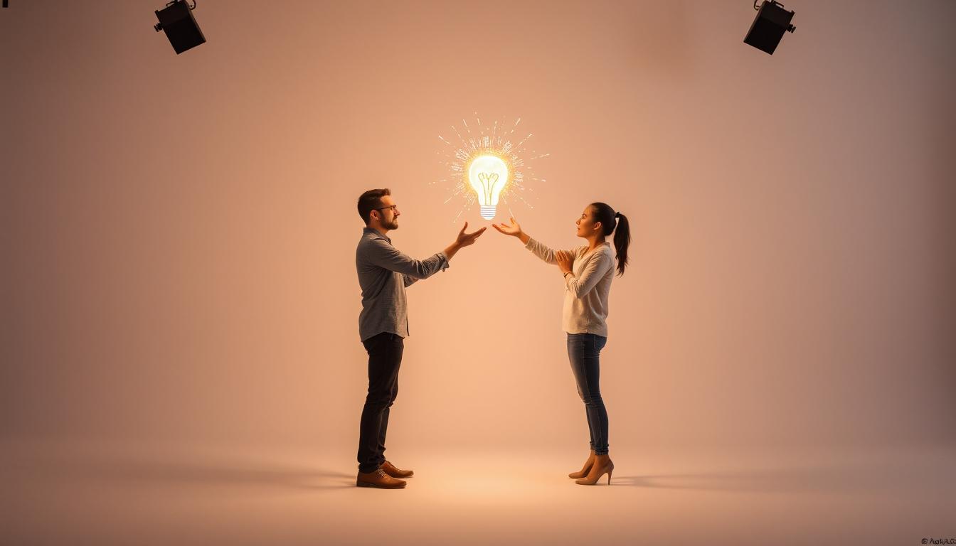 Two people in a bright, minimal studio exchanging ideas, a glowing app-like hologram forming between them, light particles swirling upward