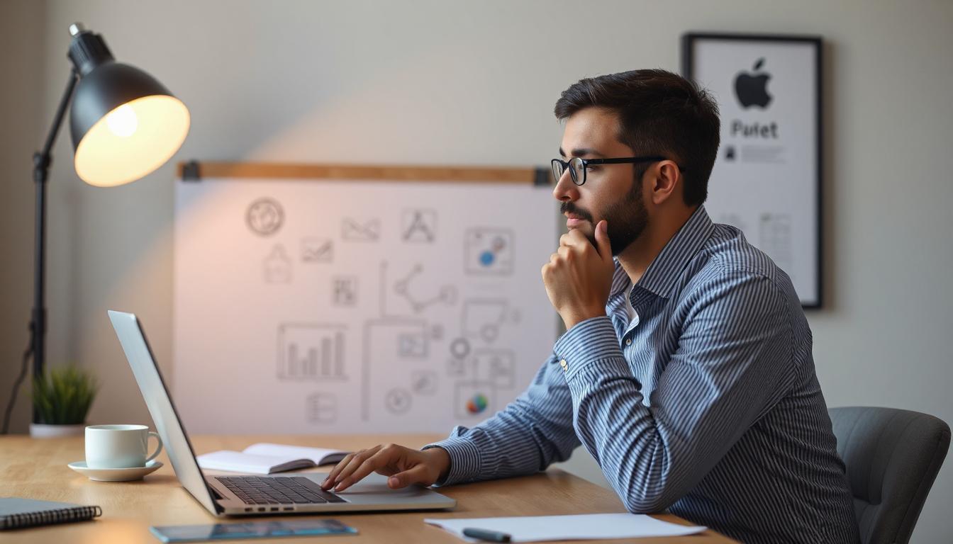 A person thinking at a desk with a laptop