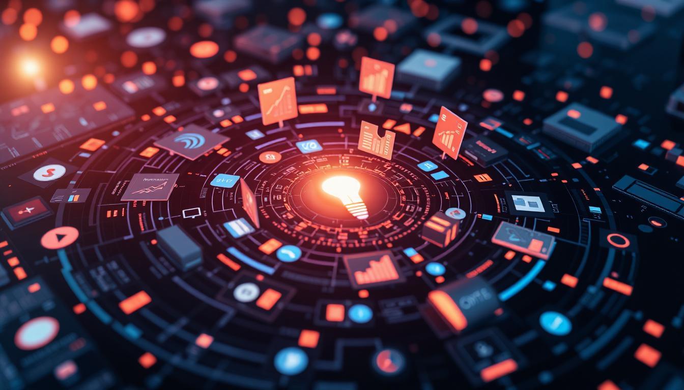 Circular motion trail of app components—buttons, charts, data cards—cycling in the air around a glowing central idea core