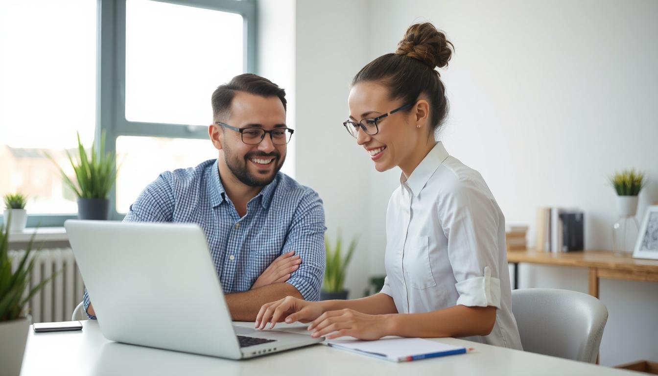 Focused devs smiling while using AI on a laptop