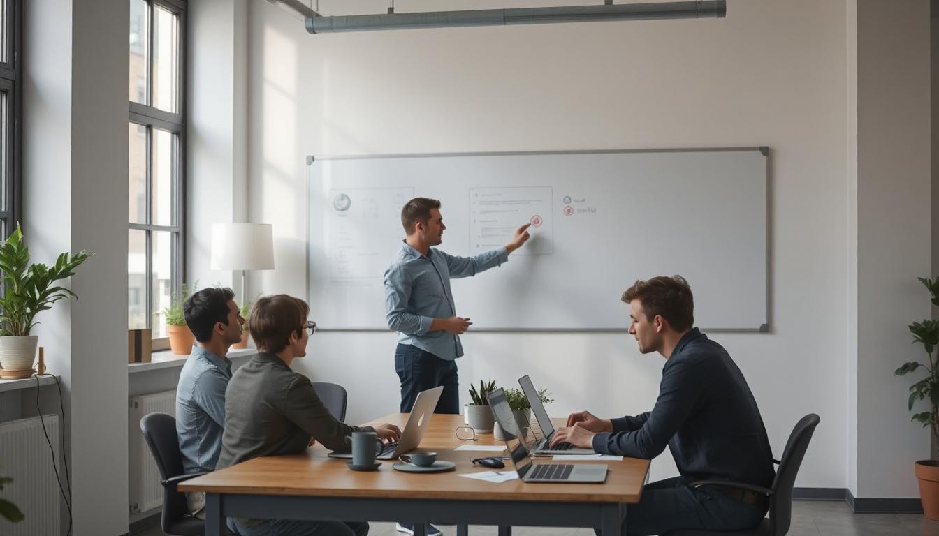 Small team of devs co-working around laptops and a digital whiteboard with AI suggestions appearing in real-time