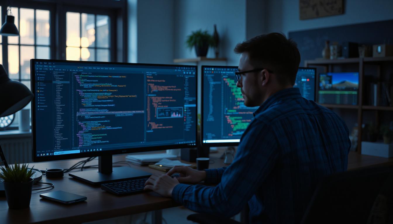 Developer toggling between a fast AI code editor and a structured planning tool on two screens, balanced view of execution and strategy