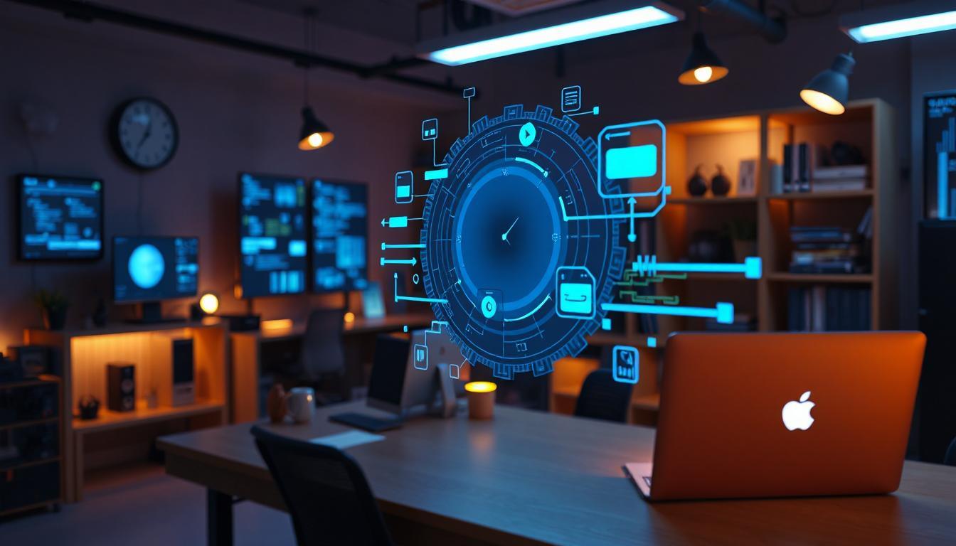 A futuristic tech studio with ambient lighting where holographic interface elements float mid-air