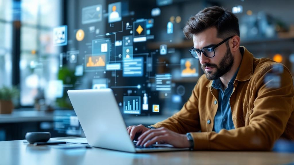 a confident engineer working on a laptop while floating ai assistants