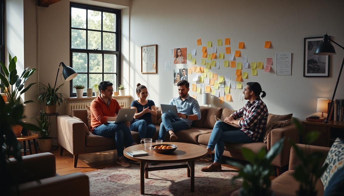 Small team having a relaxed brainstorming session in a living-room-style dev studio, open laptops, post-it ideas on the wall