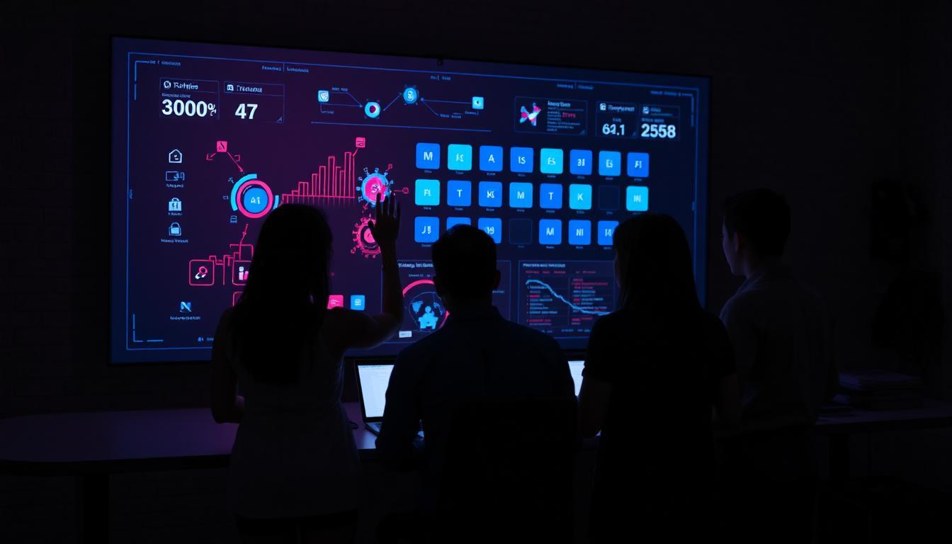 Group of people interacting around a dynamic digital display board that updates live as they move pieces or make changes