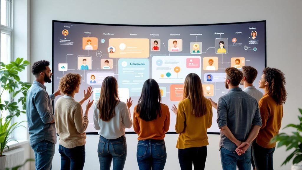 a diverse startup team standing around a digital whiteboard