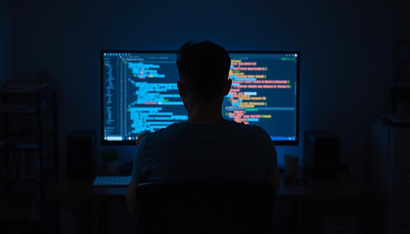 Developer adjusting their posture thoughtfully in front of code and AI interface, screen shows code alongside abstract flow diagrams