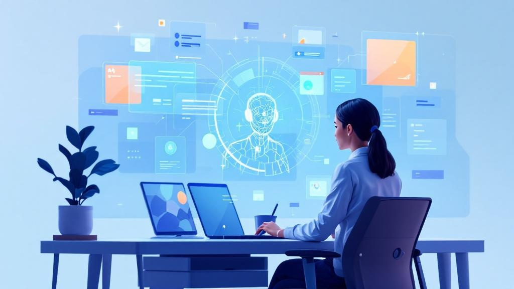  a developer at a modern workstation interacting with a holographic ai assistant,