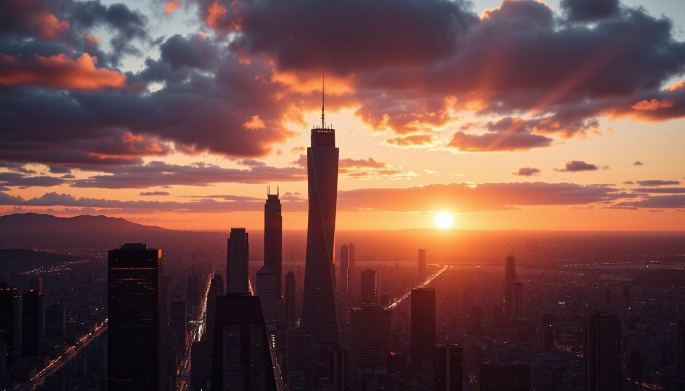 Sunrise over a futuristic city where different tech tools are peacefully coexisting — a symbolic view of balance and growth, glowing buildings