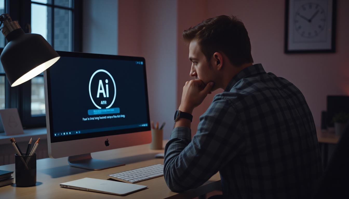 Developer staring at a blank AI prompt screen in a quiet workspace, soft lighting, subtle look of mental fatigue, laptop open