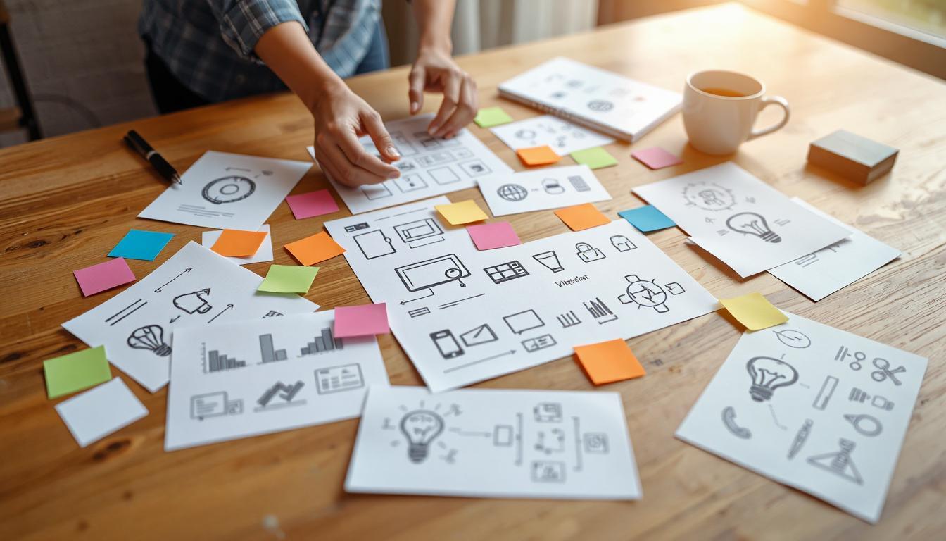 Flat lay of colorful sticky notes, wireframes, and idea symbols spread across a wooden table