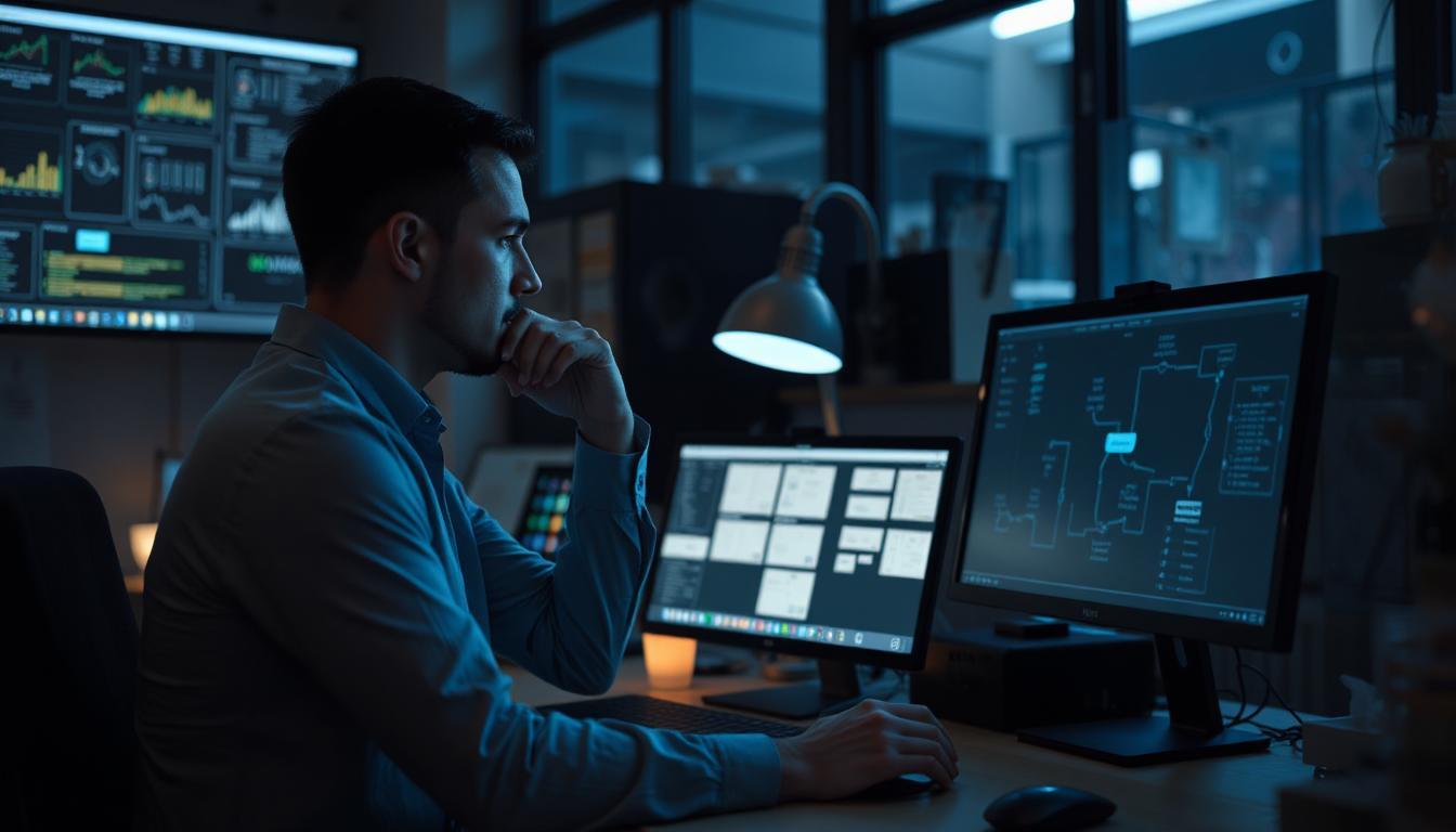 A thoughtful developer looking at multiple screens with complex agent flows and diagrams, calm workspace, subtle lighting