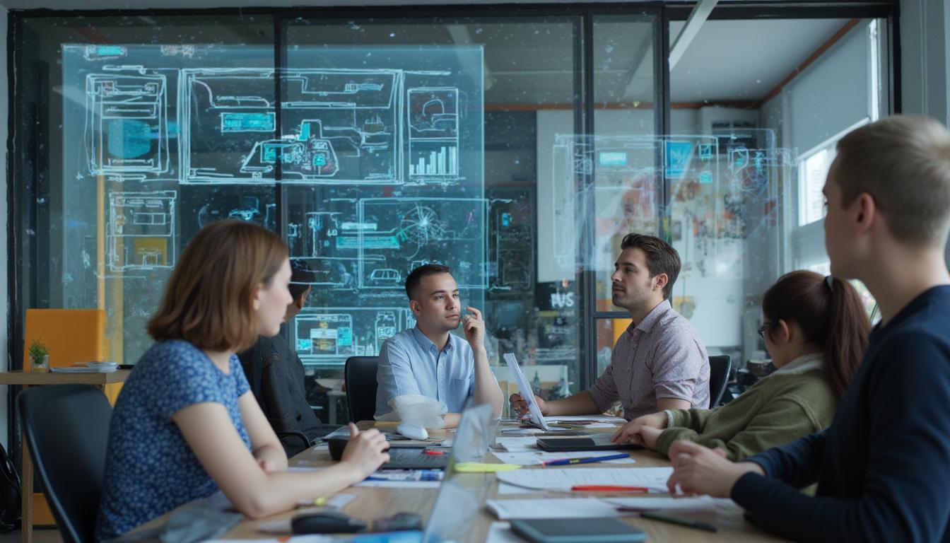 A modern workspace with diverse creators collaborating around a digital whiteboard that shows floating UI elements forming midai