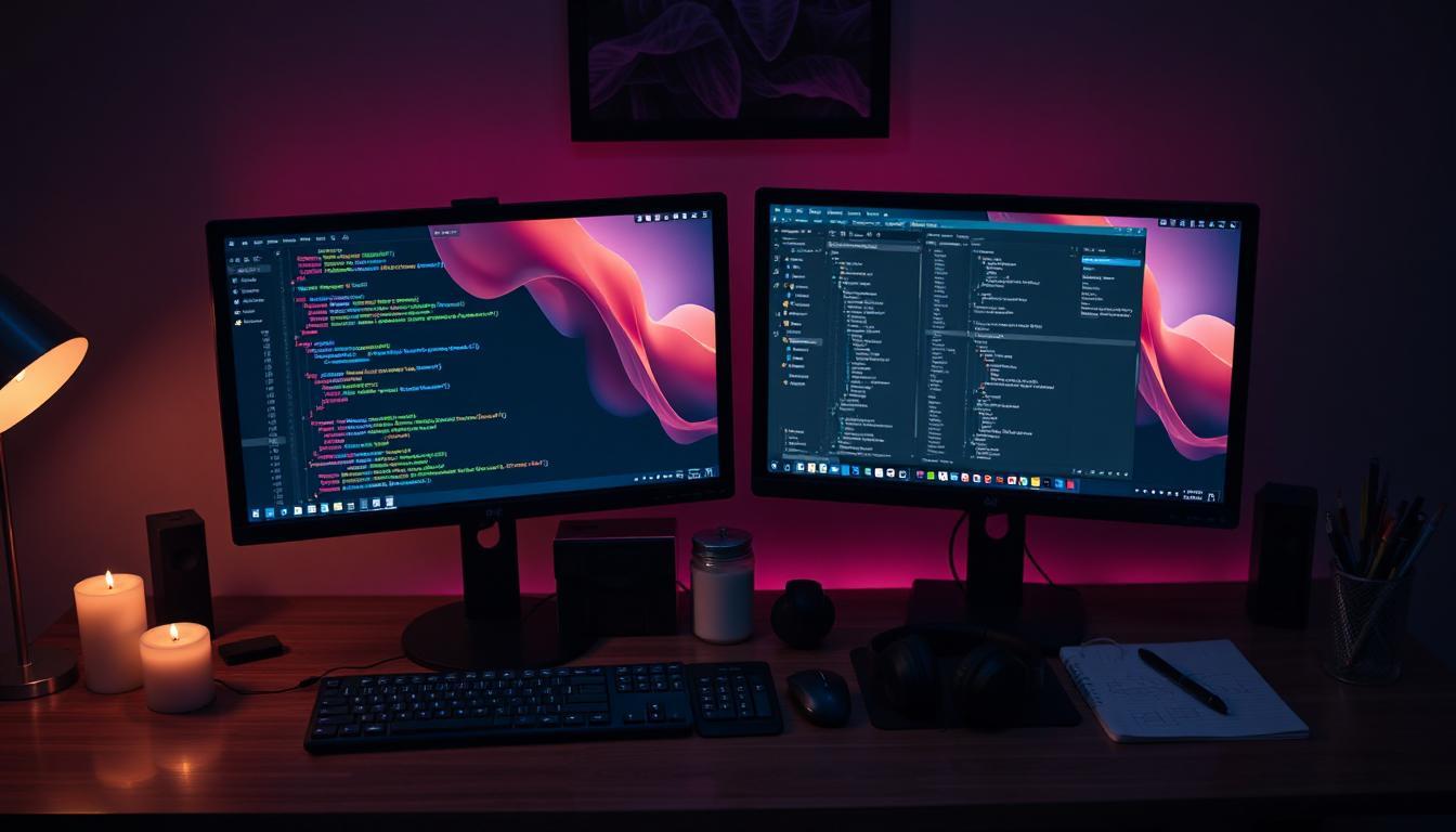 Overhead view of a tidy desk setup with candles, dual monitors, and an aesthetic IDE theme open