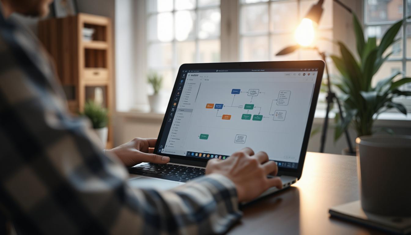 A developer using structured software to organize ideas on a laptop