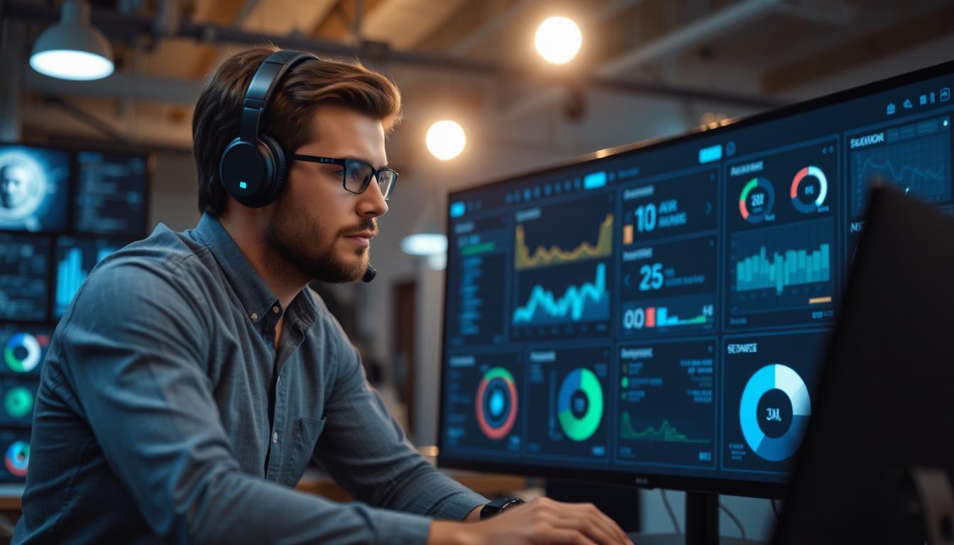 Developer watching AI agents on a dashboard with alert indicators and control toggles, expression of cautious focus