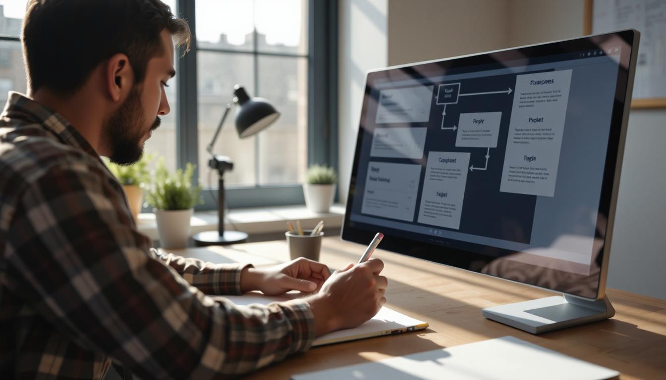 Developer sketching flow on a notepad while referencing prompt templates on a screen, clean workspace, natural daylight