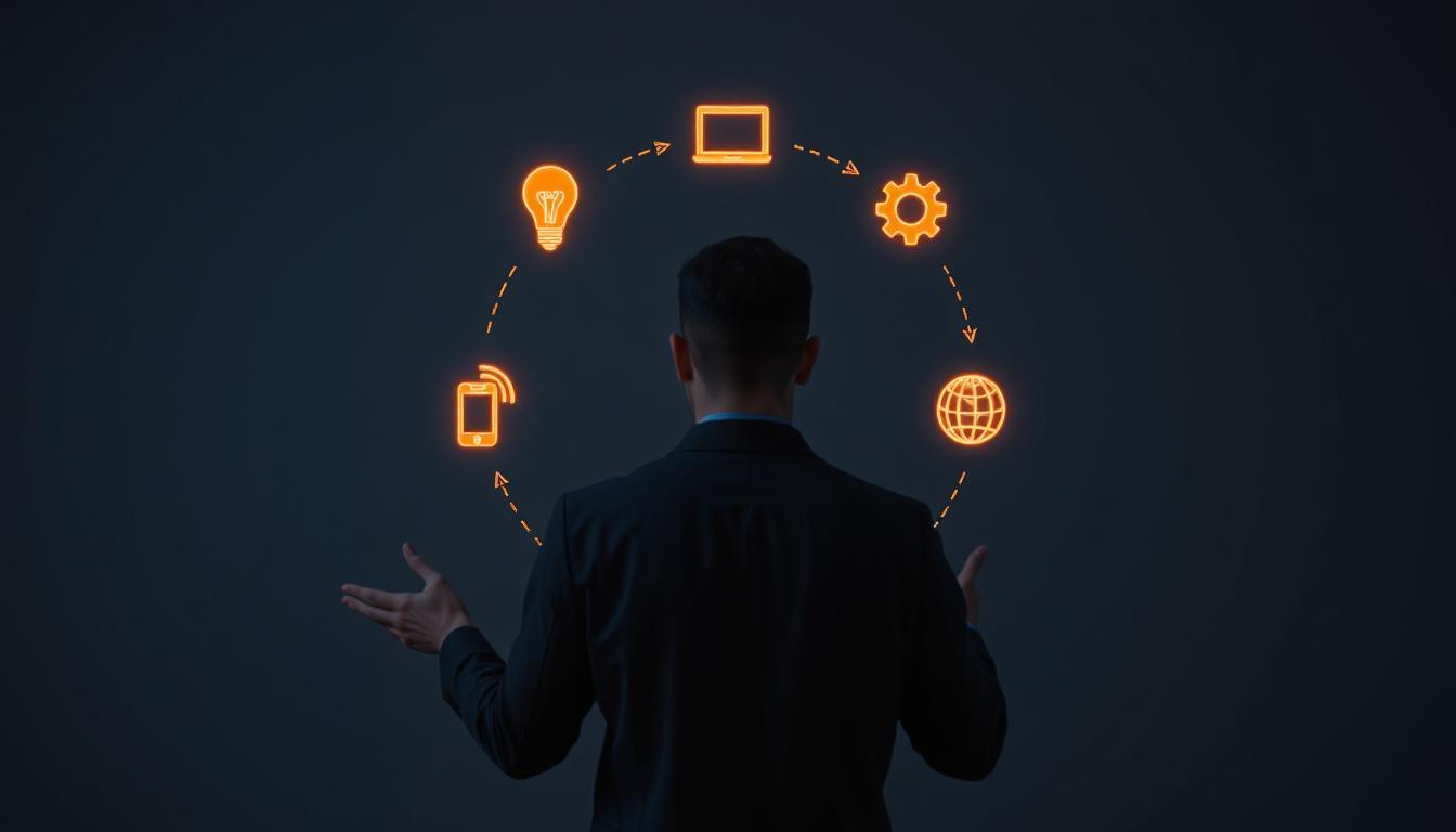 A smooth circular flow diagram made of glowing icons (lightbulb, screen, gear, globe) floating around a standing person gesturing midair