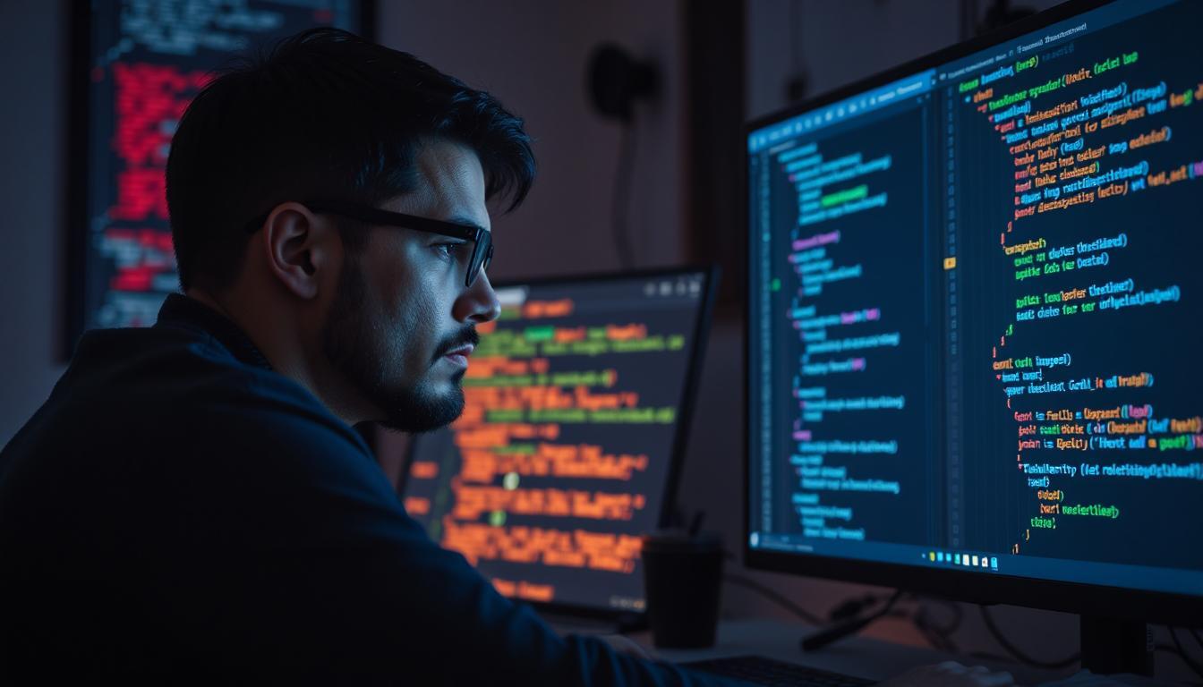 Developer staring at screen filled with error messages and AI code suggestions