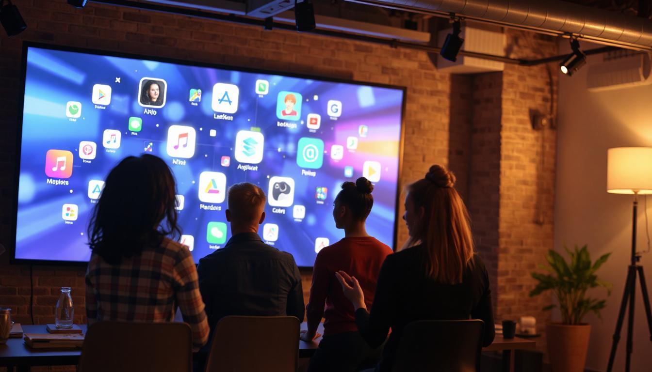 A diverse team looking at a large screen displaying multiple successful app launches