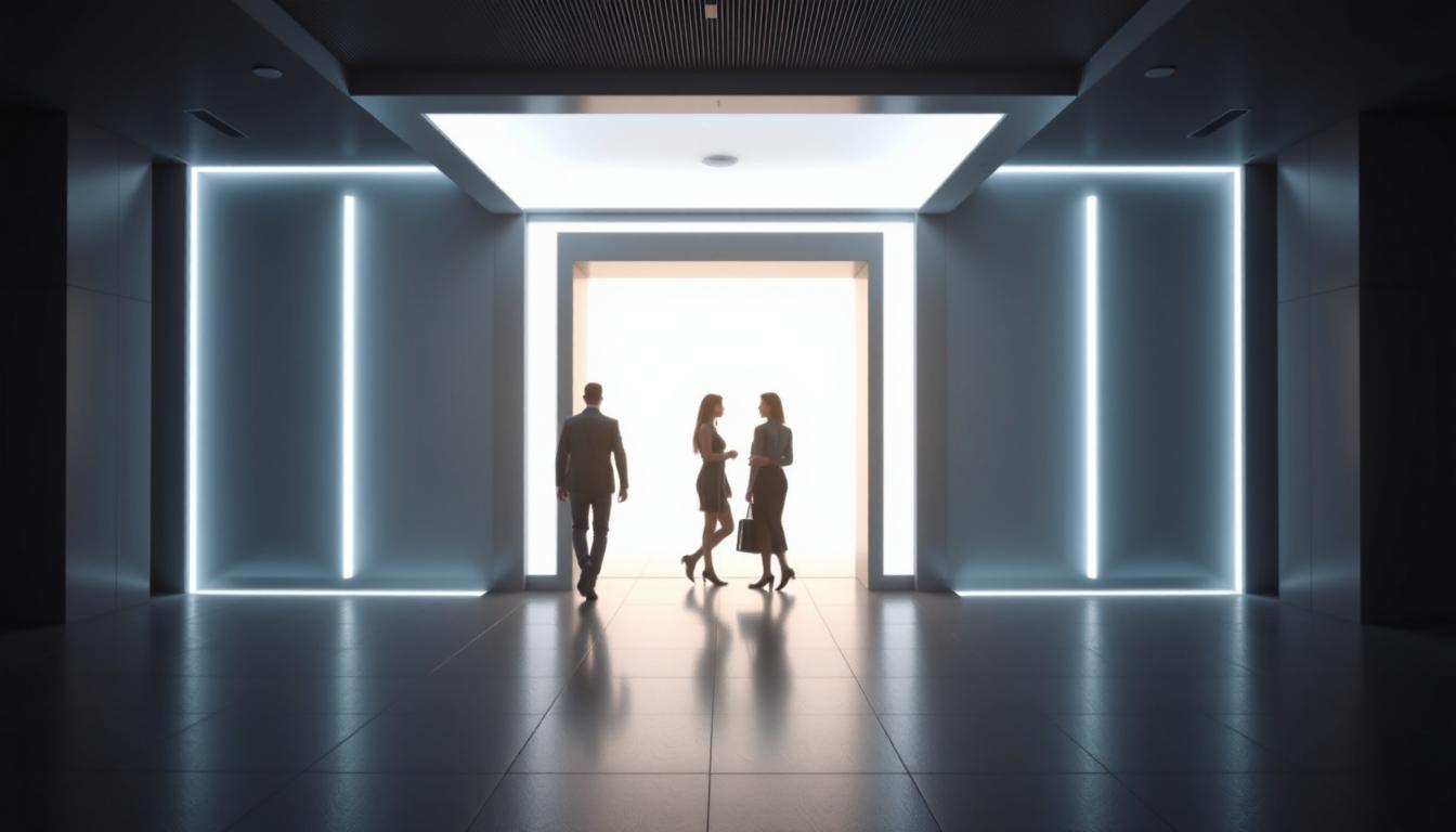 A seamless doorway or security checkpoint glowing with light as people casually walk through — a visual metaphor for frictionless user authentication