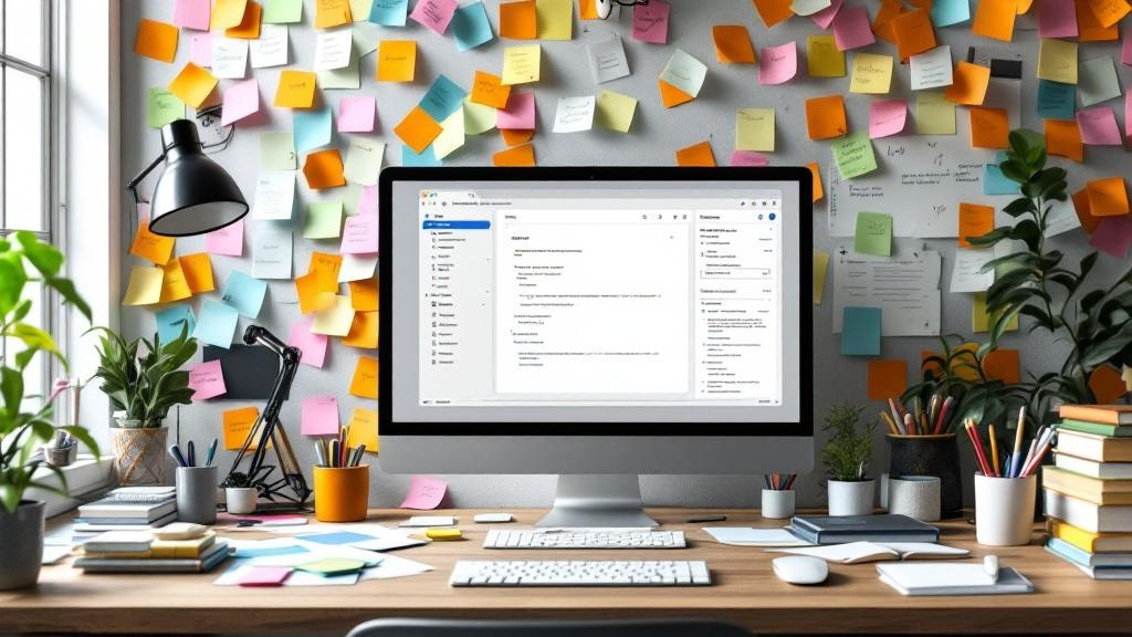 a cluttered workspace full of sticky notes, tangled code, and wasted tokens flying around