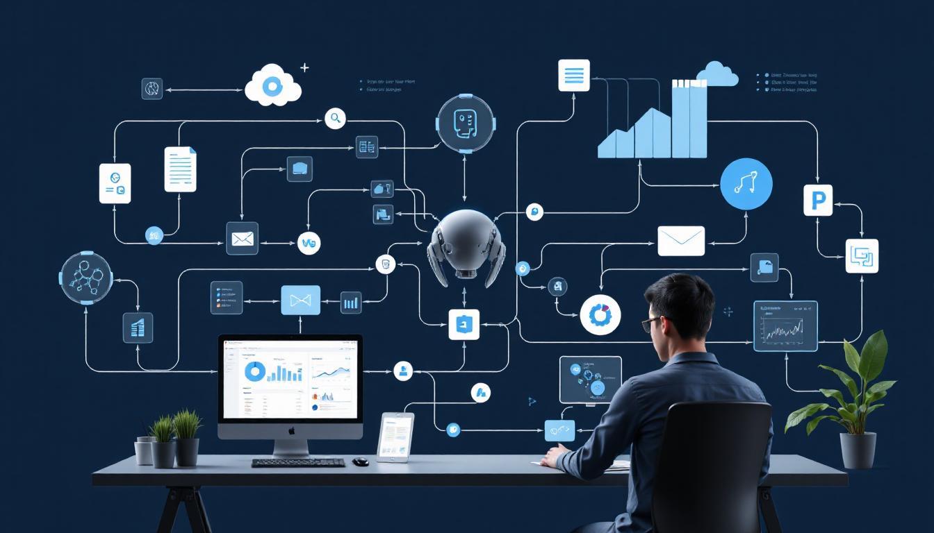 A flowchart-style scene showing an AI system autonomously working through a multi-step task
