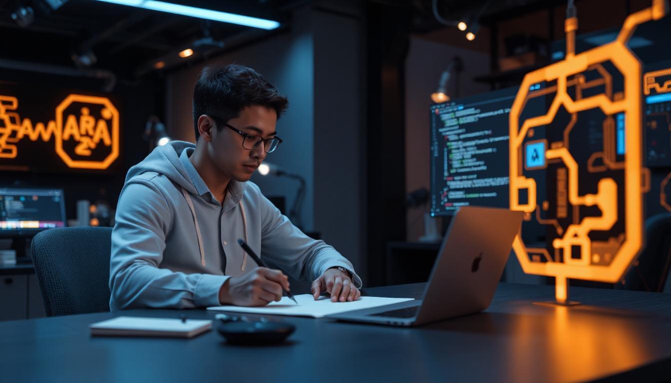 A futuristic digital workspace where a developer is collaborating with an intelligent AI assistant