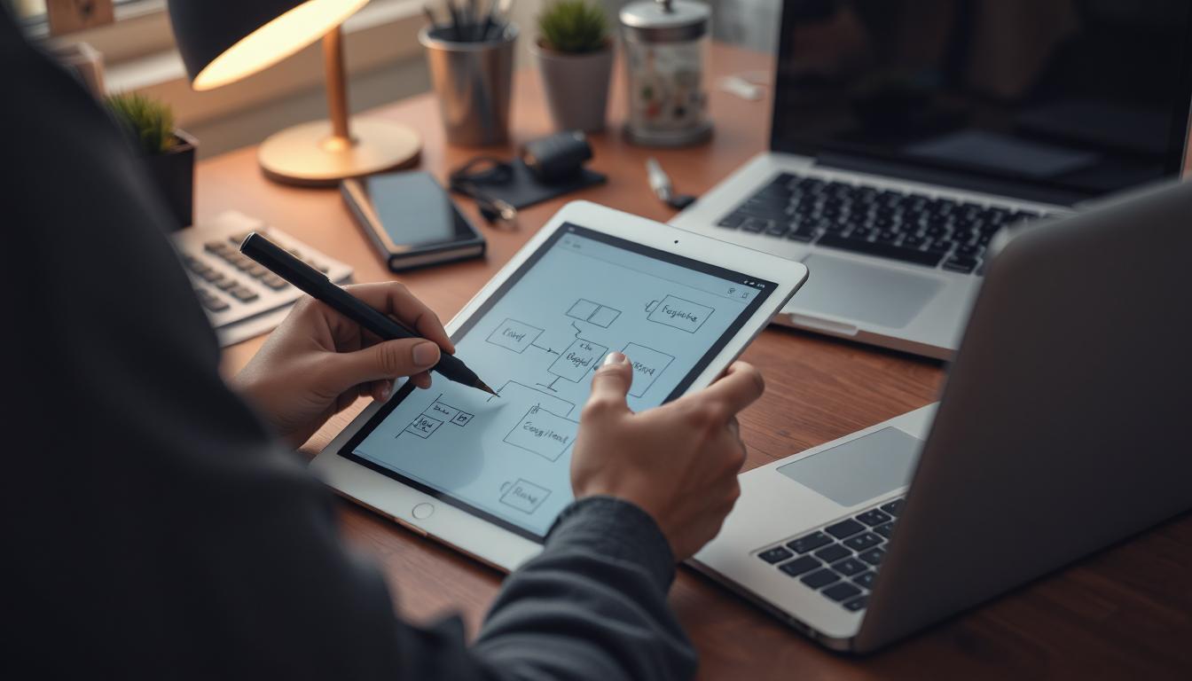 Focused person sketching software steps on a tablet