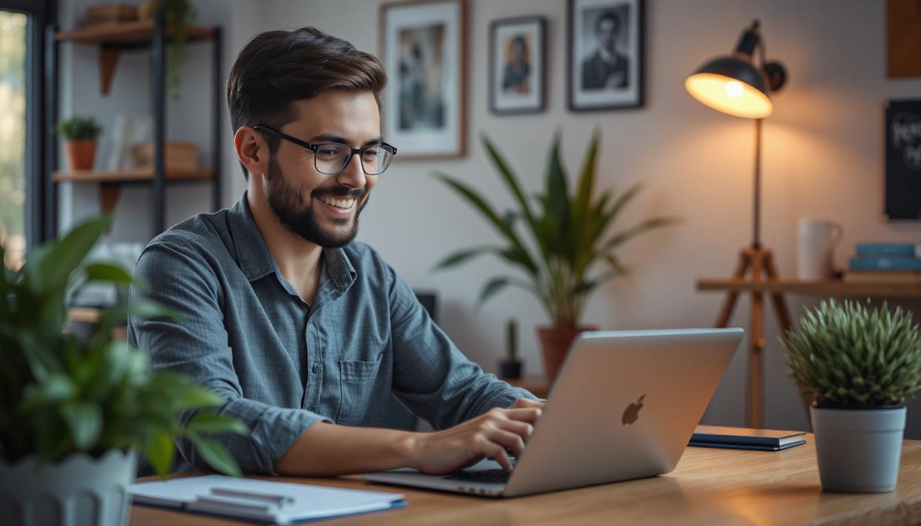 Confident solo developer smiling at a working UI on their laptop screen